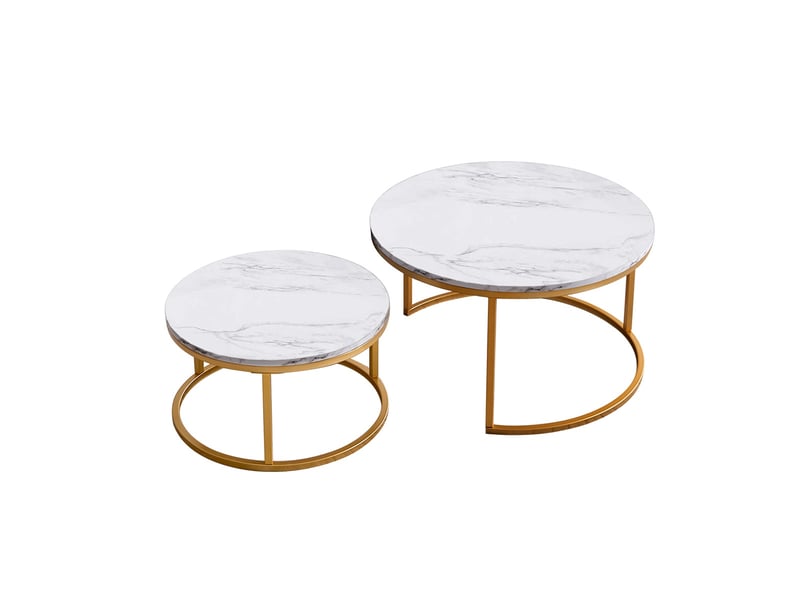 Lot de 2 tables basses gigognes ronde – 80 x 80 x 45 cm – plateau effet marbre & pieds métal – blanc et doré - Conforama A