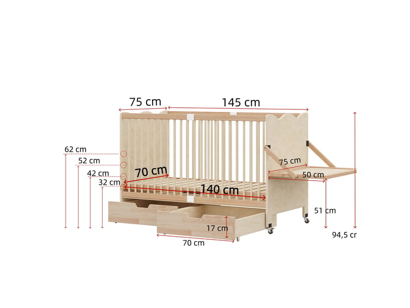 Lit bébé 70 × 140 cm avec 2 tiroirs, sommier réglable, 4 roulettes verrouillables et table à langer en bois de pin - Conforama C