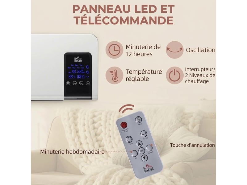  Radiateur soufflant mural chauffage céramique ptc - 1000 w 2000 w oscillation minuterie avec télécommande blanc  - Conforama E