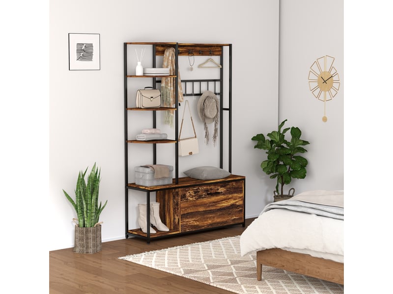  Porte-manteau avec étagère à chaussures 10 crochets, 3 étagères, armoire à chaussures rabattable 2 niveaux, marron  - Conforama D