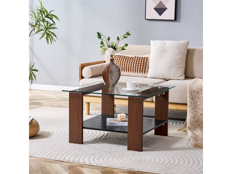  Table basse avec rangement, plateau en verre trempé et aspect noyer  - Conforama R