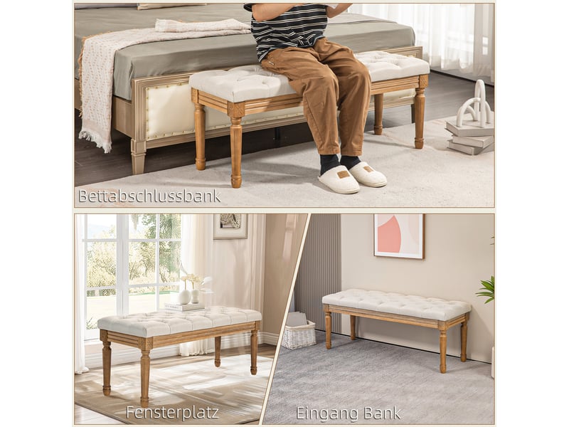 Bout de lit rembourré avec assise capitonnée et pieds en bois sculptés, en polyester crème, 120 × 41 × 48 cm  - Conforama C
