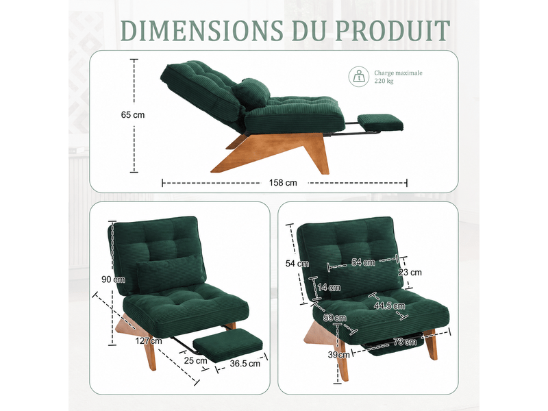  Fauteuil de relaxation réglable avec repose-pieds en velours côtelé vert émeraude Fay Lum - Conforama C