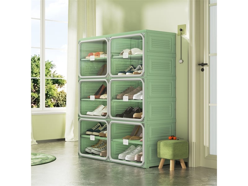  Meuble à chaussures 85x33.5x104.3cm - étagère pliable 2 colonnes 6 niveaux - meuble de rangement en plastique - vert et blanc  - Conforama C