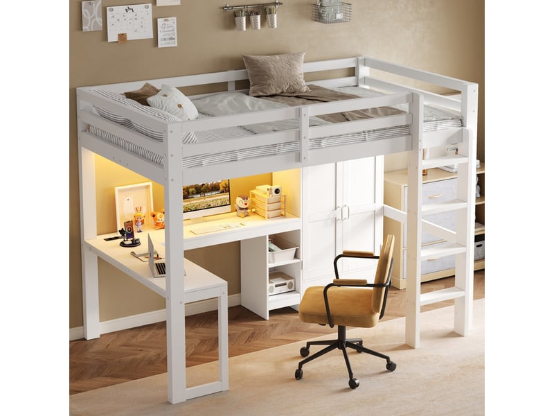  Lit mezzanine 90x200cm avec bureau, étagères, armoire, port usb et éclairage led, blanc  - Conforama D