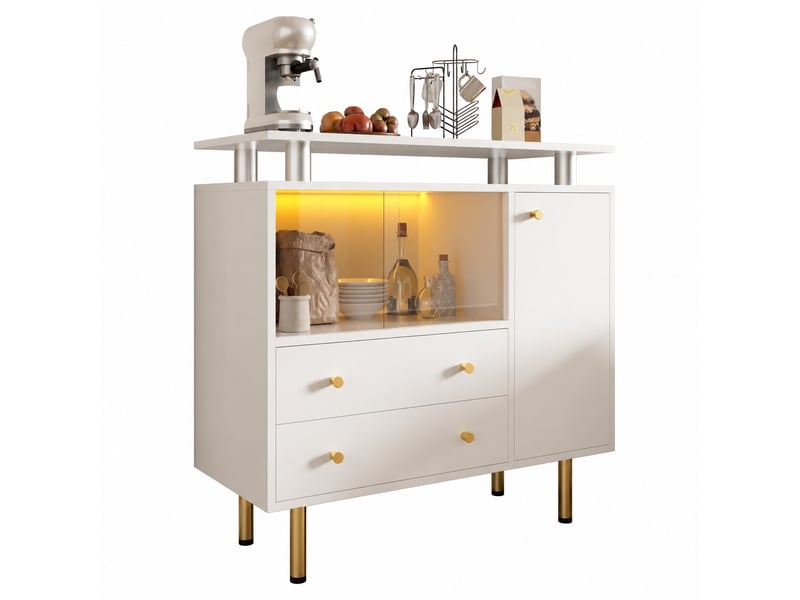 Buffet blanc avec éclairage led, 2 portes coulissantes en verre, 2 tiroirs et 1 porte, 80 × 35 × 80 cm - Conforama A