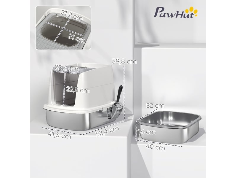  Bac à litière fermé en acier inoxydable 52,4 x 41,3 x 39,8 cm – blanc – accès double, pelle et sac désodorisant  - Conforama B
