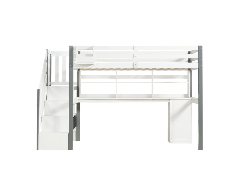  Lit mi-hauteur avec coffre de rangement en tissu, grand espace de rangement, échelle latérale, étagère ouverte, lit enfant avec bureau et casiers, pin et mdf, blanc et gris, 90 x 200 cm  - Conforama D