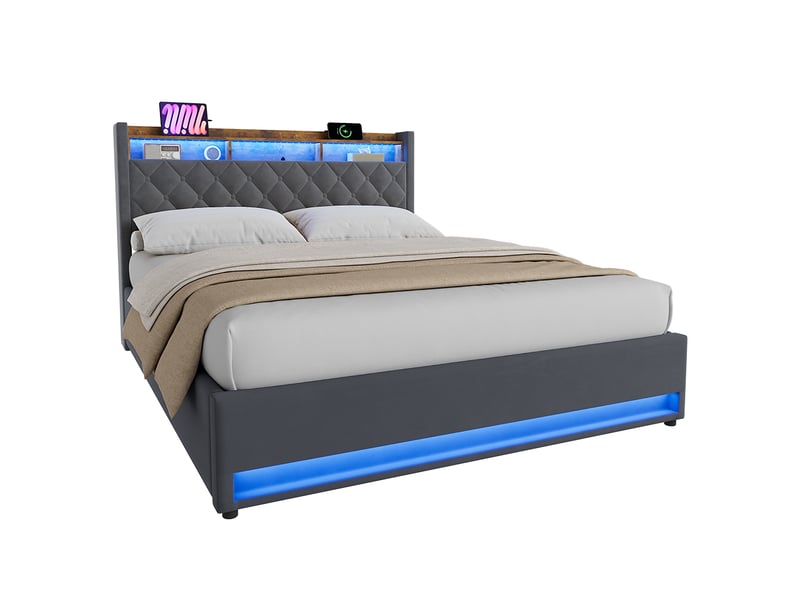  Lit double 160x200 cm en velours gris foncé avec tête de lit rembourrée homvra  - Conforama A