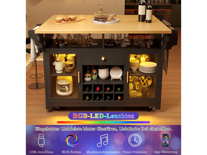 Desserte de cuisine avec plateau rabattable, étagères réglables, range-bouteilles, led et roulettes en mdf noir - Conforama E