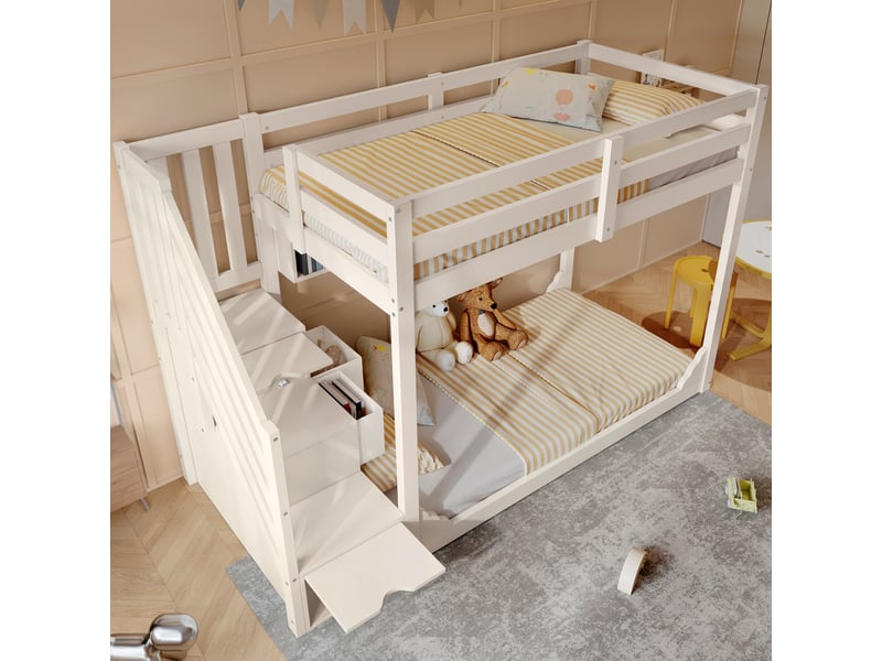  Lit superposé enfant 200×90 cm avec escalier de rangement, 2 tiroirs et étagères, sans matelas, en bois blanc  - Conforama C