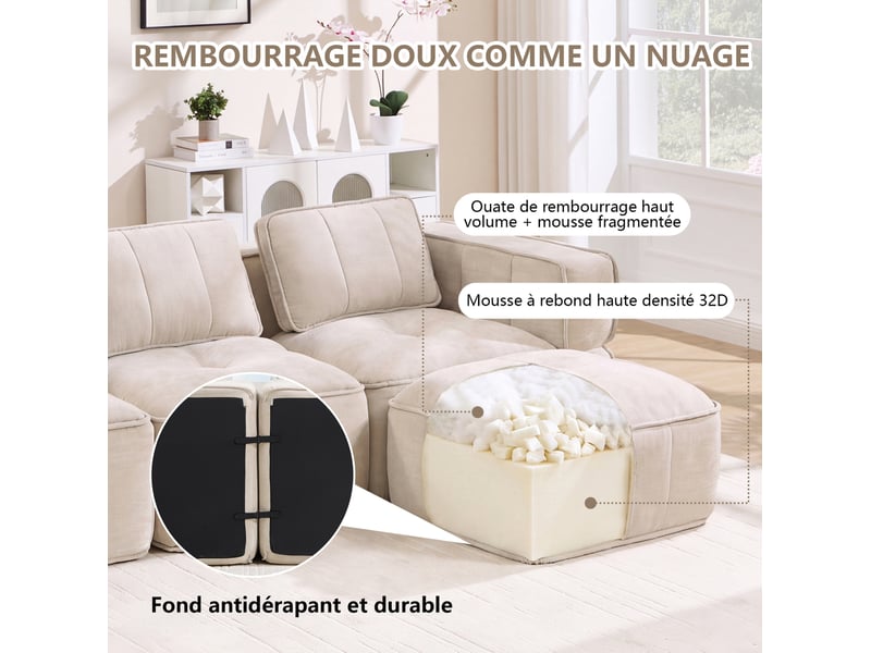 Canapé modulable en u 3 places avec 2 poufs, en polyester beige - Conforama D