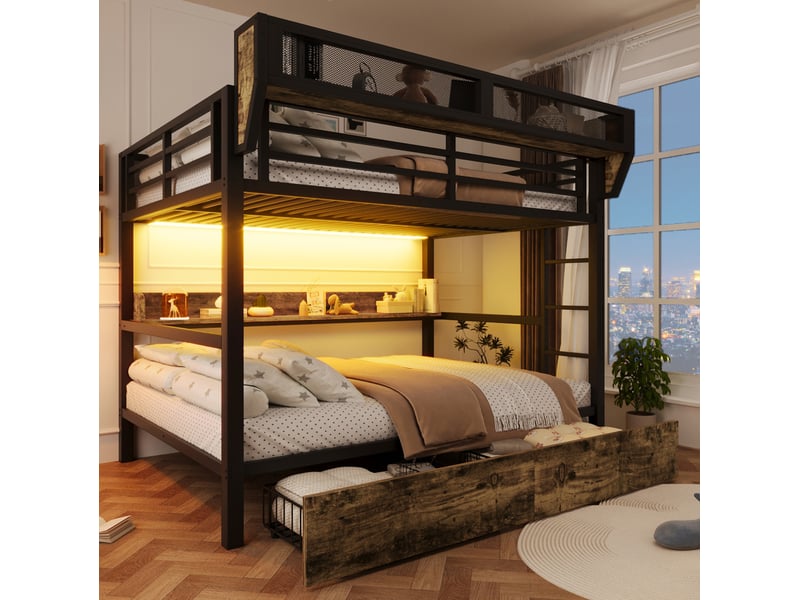  Lit superposé 140x200 cm avec 2 tiroirs, lit enfant avec led et panier de rangement, mdf et métal, noir, sans matelas  - Conforama B