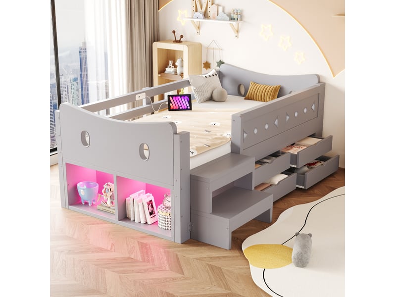  Lit enfant, 90x200 cm, avec rangements, tiroirs, barrières de sécurité, led, matelas non inclus, bois, coloris gris  - Conforama B