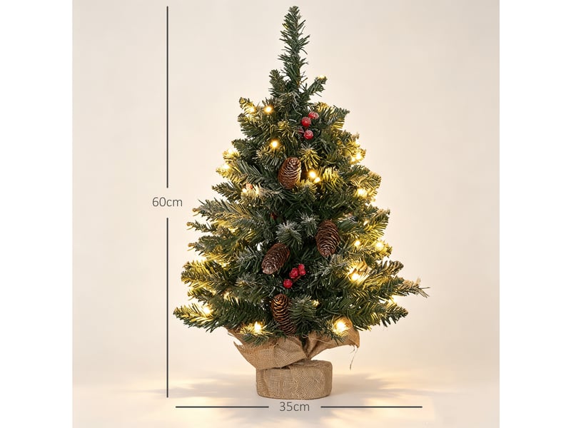  Mini sapin de noël 60 cm avec lumières intégrées, 86 branches, pommes de pin, baies rouges, socle en béton, vert  - Conforama C