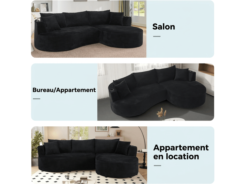  Canapé 3 places avec méridienne droite design incurvé velours côtelé doux porte-gobelets  - Conforama R