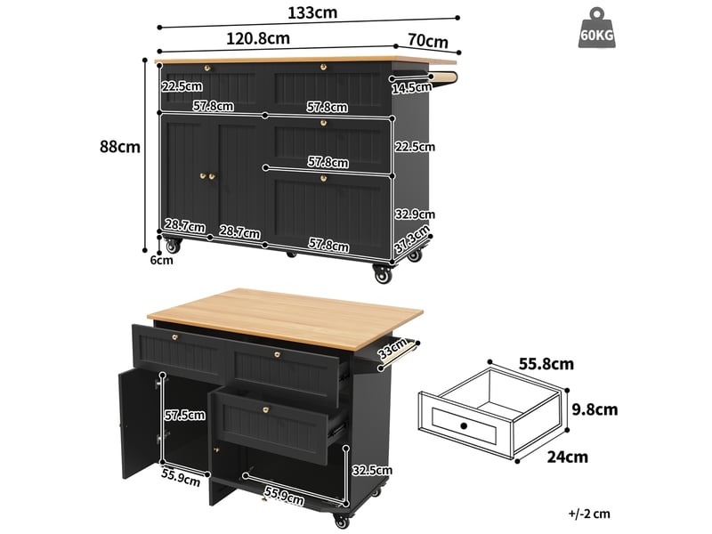  Îlot de cuisine 133x37,3x88 cm avec rangement et roulettes en mdf noir  - Conforama C
