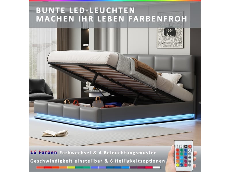  Lit coffre hydraulique 180x200 cm gris clair similicuir led sommier à lattes avec coffre de rangement  - Conforama E
