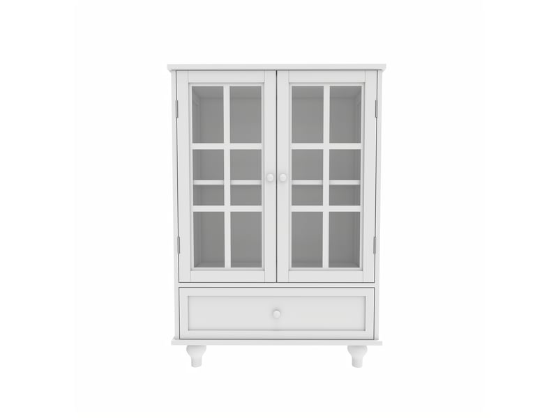  Buffet 38x71x93 cm avec portes en verre trempé, tiroir bas, étagères réglables, poignées et pieds bois, blanc  - Conforama A