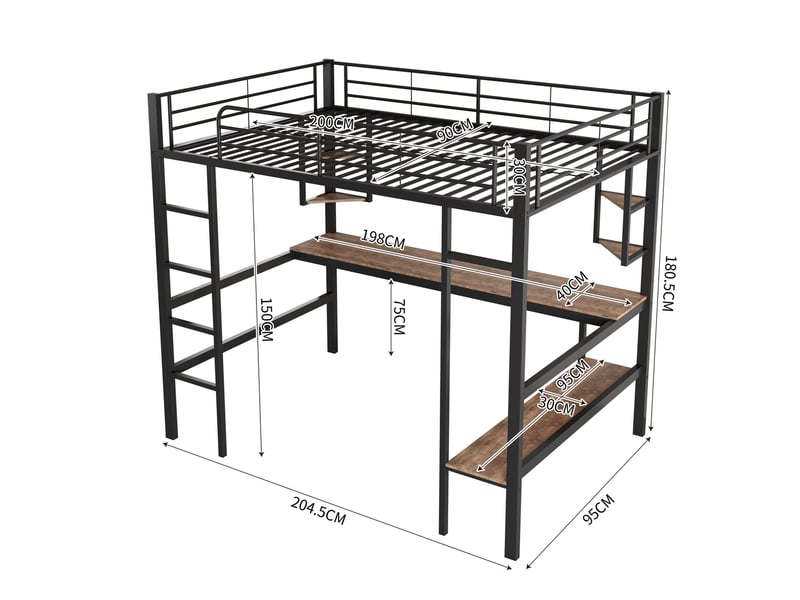  Lit mezzanine 90x200 cm avec bureau et étagères en métal noir  - Conforama E