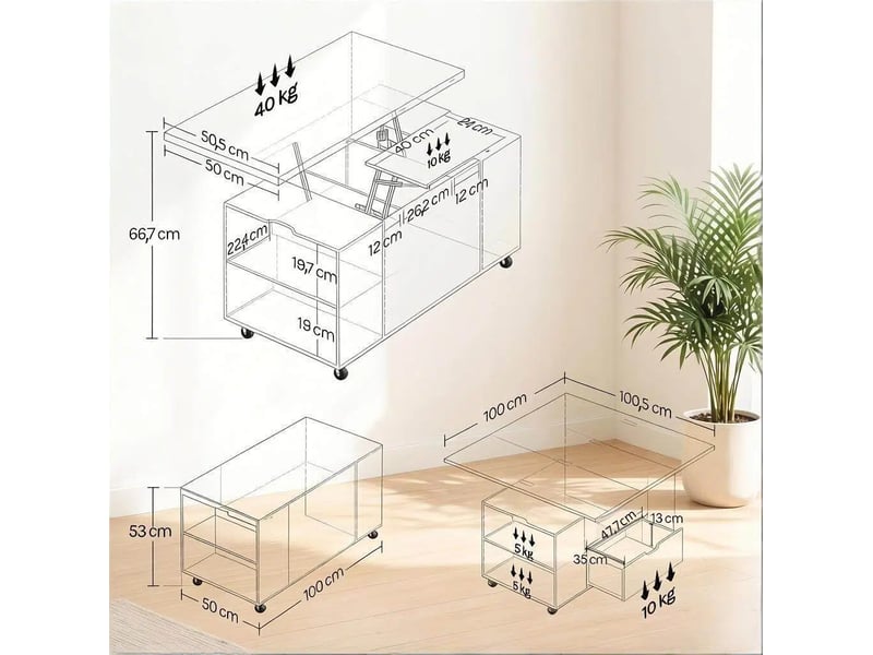  Table basse 50,5x100x53 cm, plateau escamotable, roulettes verrouillables, table basse salon, en bois et métal, blanc  - Conforama C
