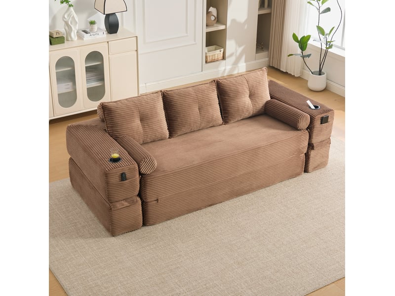  Canapé-lit 3 places 232x98x80 cm avec 3 coussins, poches latérales et porte-gobelet, pour salon, velours côtelé, marron  - Conforama D