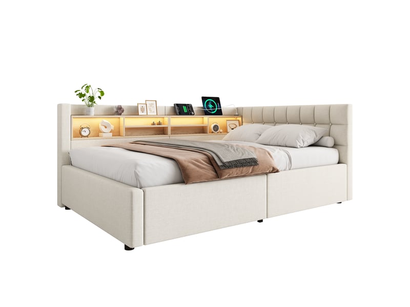  Lit banquette 140x200cm beige, relevage hydraulique, led réglable, étagère pratique, port usb, sans matelas  - Conforama A