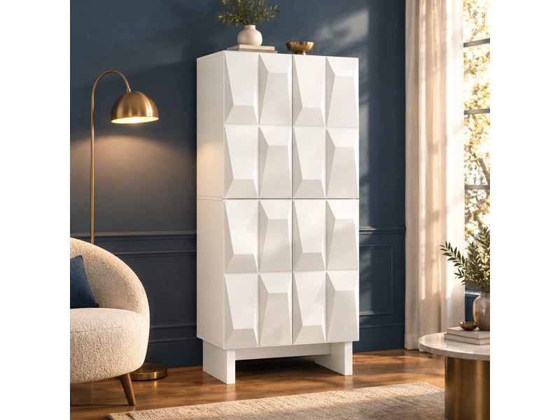  Meuble de rangement 60.5x34x135.5 cm, 4 portes à relief, panneaux de particules blanc  - Conforama C
