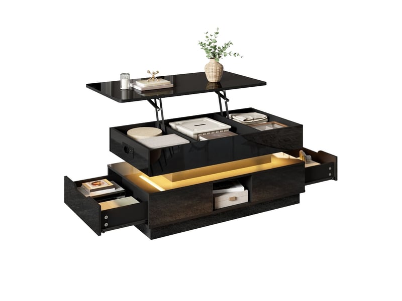  Table basse relevable plateau relevable finition brillant rangement intégré éclairage led prise intégrée  - Conforama D