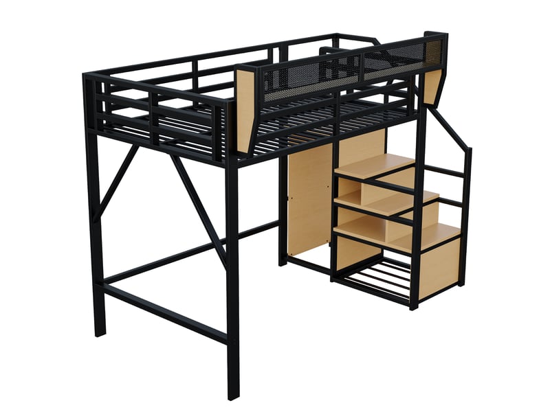  Lit mezzanine 140x200cm, lit enfant avec échelle de sécurité, table, espace de rangement, sommier,  métal noir, sans matelas  - Conforama R