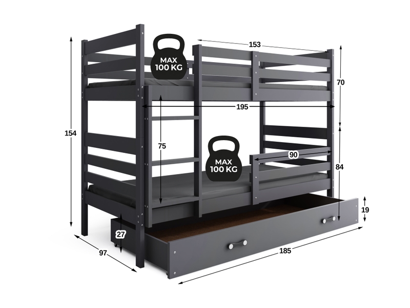  Lit superposé séparable 90x190 cm eric interbeds - bois massif de pin avec barrière, sommier et tiroir - gris  - Conforama C
