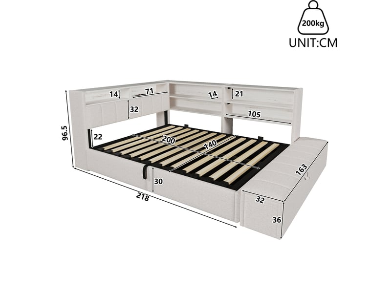  Canapé-lit 140 x 200 cm, suspension hydraulique, banquette-lit, prise électrique, caisson latéral réversible (à gauche ou à droite) avec port usb et éclairage led, sans matelas, velours blanc.  - Conforama C
