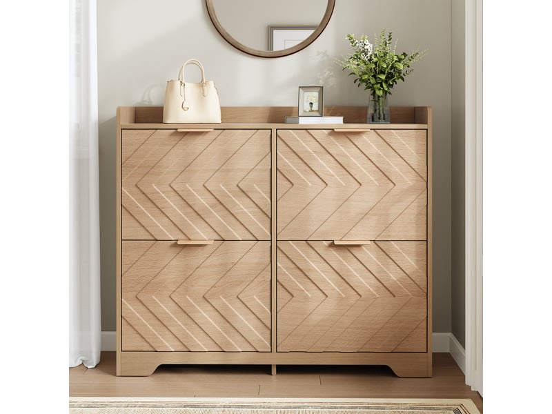  Meuble à chaussures 105x24x90 cm, 4 abattants, façades 3d et plateau supérieur, rangement pratique pour entrée et couloir - naturel  - Conforama D