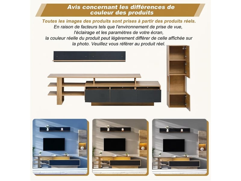 Ensemble meuble tv mural 3 pièces bois et noir avec led pour tv 80 pouces  - Conforama W