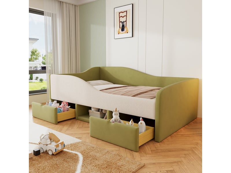  Canapé-lit 90x190 cm avec deux tiroirs et barrière de sécurité, cadre de lit adulte, lit simple en velours, vert foncé + crème  - Conforama A