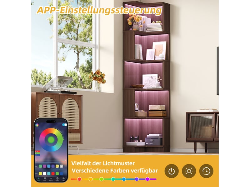 Bibliothèque d’angle 63,5 x 45 x 175 cm, 5 niveaux, éclairage LED RGB avec contrôle par application, rangement multifonction, marron  - Conforama E