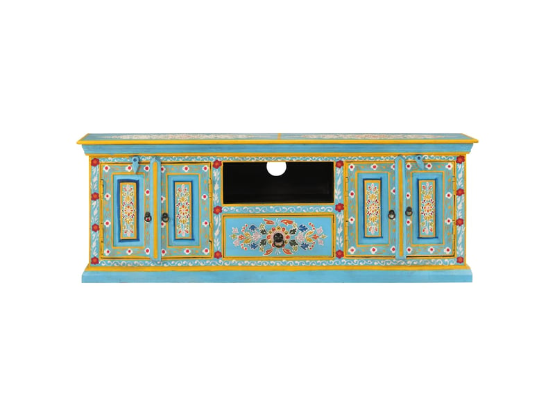 Meuble tv - banc tv - meuble de rangement bleu 110x30x40 cm bois massif de manguier  - Conforama C