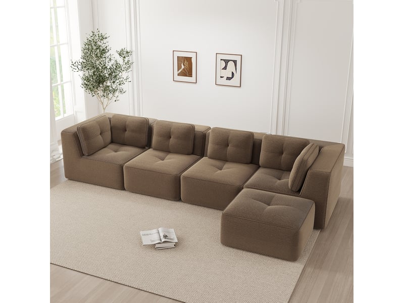  Canapé d'angle modulaire 4 places en velours côtelé marron, assise profonde et confort enveloppant au salon  - Conforama E