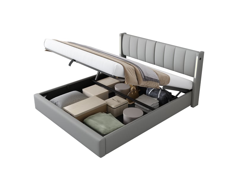  Lit coffre 140x200 cm avec éclairage led, port usb, rangement hydraulique et tête de lit réglable, pu gris  - Conforama A