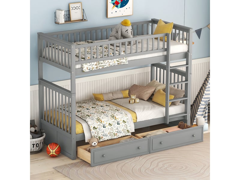  Lit superposé 90 x 200 cm enfant avec 2 tiroirs, séparable en deux lits, en pin massif et mdf, gris  - Conforama D