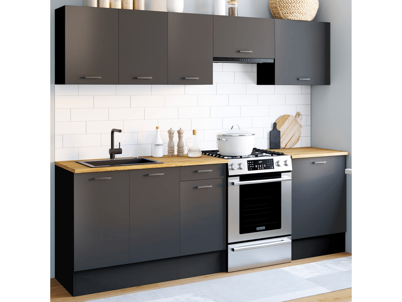 Cuisine complète 240 cm subtil avec plan de travail 7 éléments noir et plateaux bois  - Conforama B