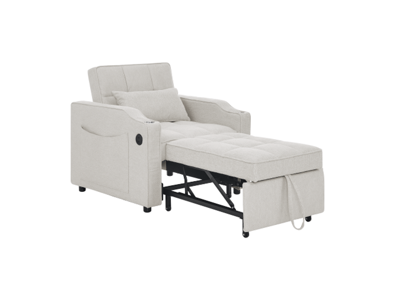  Fauteuil-lit 3-en-1 usb-c, porte-boissons inox, dossier 3 positions, poches — idéal pour petits espaces et invités  - Conforama A