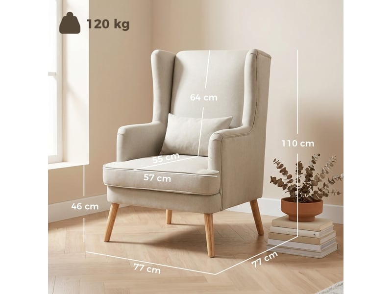  Fauteuil à oreilles avec haut dossier, assise large et coussin lombaire en tissu aspect lin et bois beige  - Conforama C