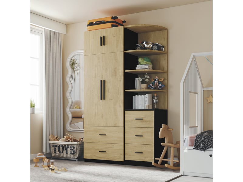  Lit mezzanine enfant en pin blanc 140 x 200 cm avec rangement, 4 étagères et plateau de bureau intégré  - Conforama E