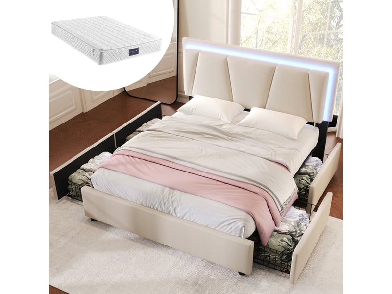Lit double 160 x 200 cm beige avec led, 4 tiroirs, tête de lit réglable et matelas - Conforama B