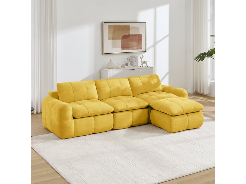 Canapé modulable 3 places en l jaune avec pouf assorti, revêtement chenille douce, assise profonde pour salon et appartement - Conforama R