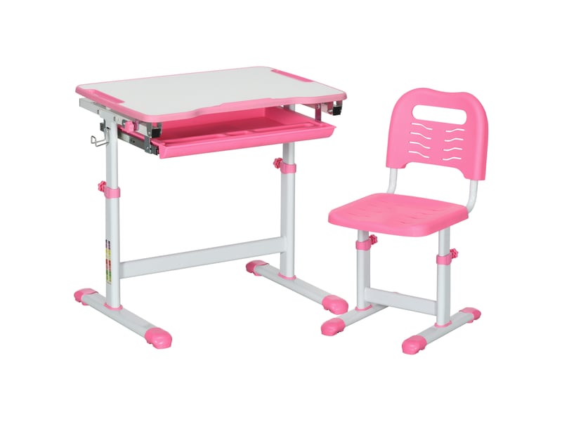  Bureau enfant 6-12 ans avec chaise et hauteur réglable, plateau inclinable, 66 x 47 x 52-77 cm, rose  - Conforama A
