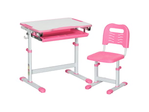 Bureau enfant 6-12 ans avec chaise et hauteur réglable, plateau inclinable, 66 x 47 x 52-77 cm, rose