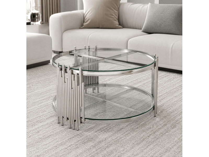  Table basse ronde 80x80x45 cm avec double niveau en métal argenté et transparent, design moderne  - Conforama E