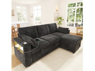 Canapé d'angle convertible réversible avec coffre, led tactile, ports usb et type-c, 2 coussins en chenille gris